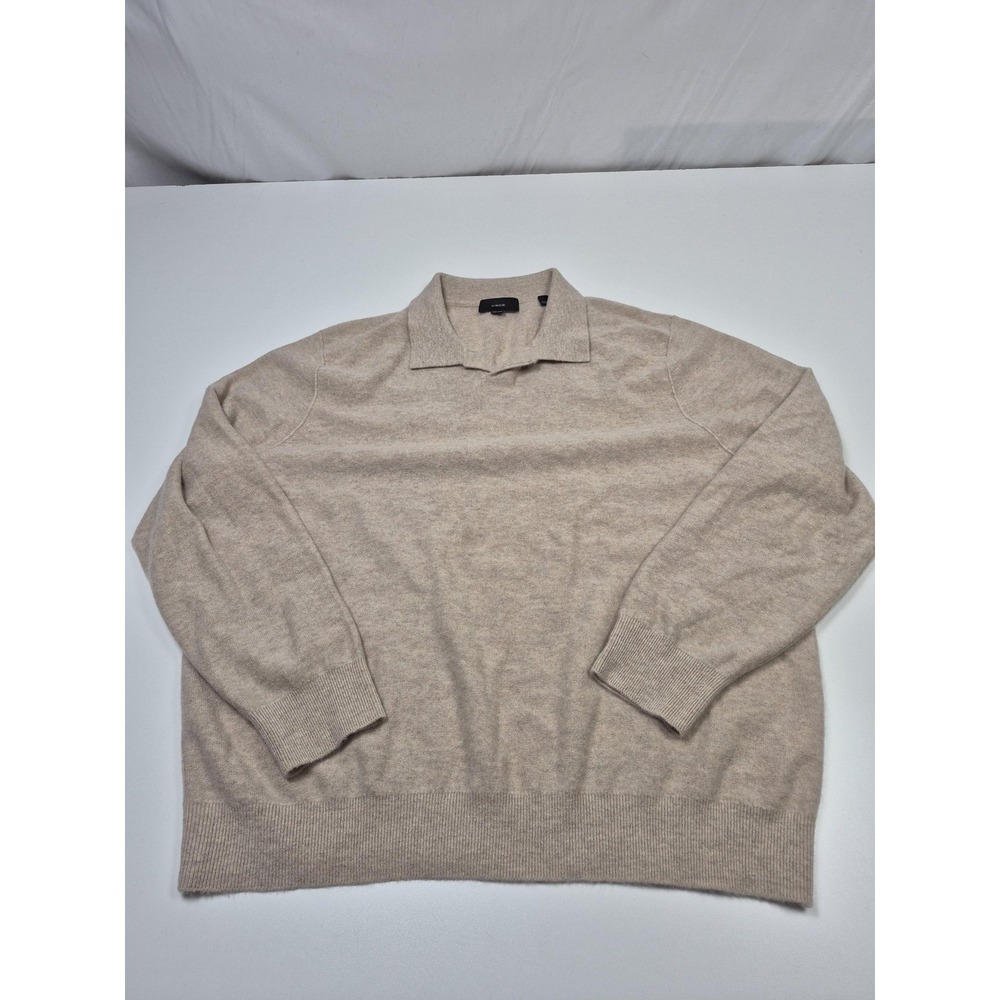 Vince Sweater Mens 2XL Beige Cashmere Polo Collared Knit Stretch Pullover